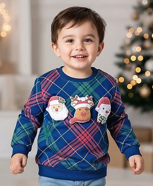 Babyhug Cotton Knit Full Sleeves Checks Sweatshirt With Santa Claus & Reindeer Applique - Navy Blue