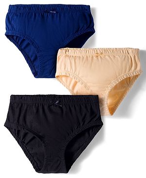 Kookie Kids Cotton Lycra Solid Color Panties with Bow Applique Pack of 3 - Blue Peach & Black