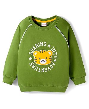 Babyhug Cotton Knit Full Raglan Sleeves Sweatshirt With Animal & Text Print - Green