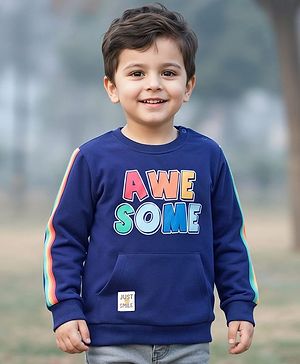 Babyhug Cotton Knit Full Sleeves Sweatshirt With Text Print & Kangaroo Pocket - Navy Blue