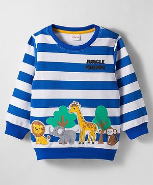Babyhug Cotton Knit Full Sleeves Striped Sweatshirt With Animal Print & Embroidery - Blue