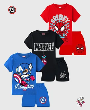 KUCHIPOO Cotton Knit Pack Of 3 Half
                              Sleeves Marvel Featuring Half Sleeves
                              Characters Printed Tees & Shorts Set -
                              Red Black & Blue