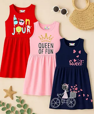KUCHIPOO Cotton Knit Pack Of 3
                                  Sleeveless Hearts & Typography
                                  Printed Dresses - Red Navy Blue &
                                  Pink