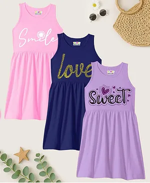 KUCHIPOO Cotton Knit Pack Of 3 Sleeveless
                      Hearts & Typography Printed Dresses - Blue
                      Pink & Purple