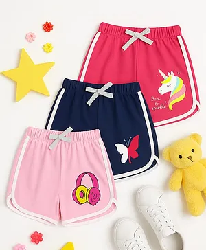 KUCHIPOO Cotton Pack Of 3 Butterfly
                              & Unicorn Printed Side Taped Shorts -
                              Pink Navy Blue & Dark Red