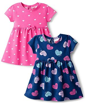 Babyhug Single Jersey Knit Half Sleeves Frocks With Heart Print & Bow Applique Pack of 2 - Navy Blue & Pink
