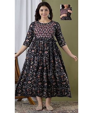 NEVISHA STYLE Cotton Woven Three Fourth Sleeves Floral Printed Maternity Kurta With Side Zipper Nursing Access - Blue