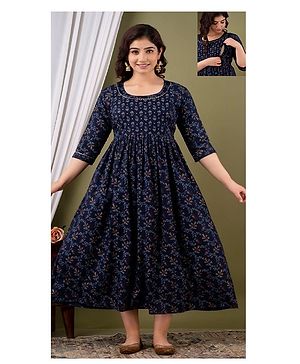 NEVISHA STYLE Cotton Woven Three Fourth Sleeves Floral Printed Maternity Kurta With Side Zipper Nursing Access - Blue