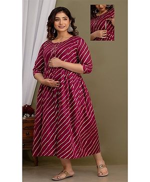 NEVISHA STYLE Cotton Woven Three Fourth Sleeves Leheriya Printed Maternity Kurta With Side Zipper Nursing Access - Purple