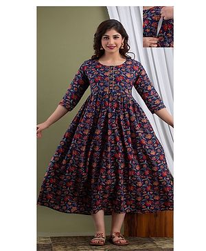 NEVISHA STYLE Cotton Woven Three Fourth Sleeves Floral Printed Maternity Kurta With Side Zipper Nursing Access - Blue