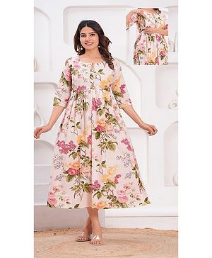 NEVISHA STYLE Cotton Woven Three Fourth Sleeves Floral Printed Maternity Kurta With Side Zipper Nursing Access - White