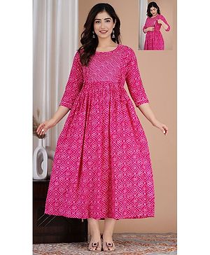 NEVISHA STYLE Cotton Woven Three Fourth Sleeves Bandhani Designed Maternity Kurta With Side Zipper Nursing Access - Pink