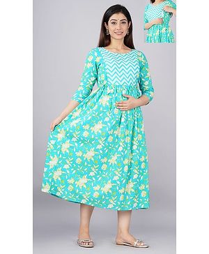 NEVISHA STYLE Cotton Woven Three Fourth Sleeves Floral Printed Maternity Kurta With Concealed Zipper Nursing Access - Blue