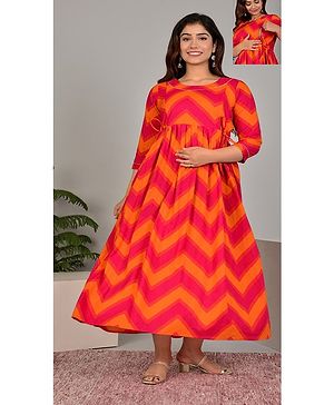 NEVISHA STYLE Cotton Woven Three Fourth Sleeves Chervon Printed Maternity Kurta With Concealed Zipper Nursing Access - Red