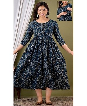 NEVISHA STYLE Cotton Woven Three Fourth Sleeves Floral Printed Maternity Kurta With Concealed Zipper Nursing Access - Blue