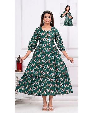 NEVISHA STYLE Cotton Woven Three Fourth Puffed Sleeves Leaves Printed Gota Lace Embellished Maternity Kurta With Concealed Zipper Nursing Access - Multi Colour