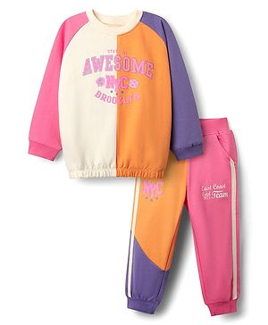 Babyhug Terry Knit Full Raglan Sleeves Top & Bottomwear Set With Text Print - Multicolour