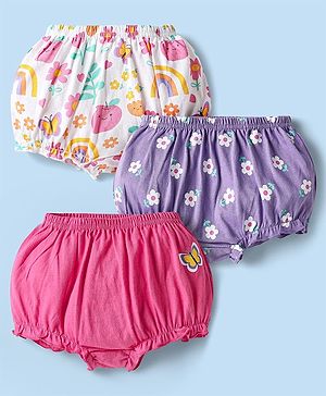 Babyhug 100% Cotton Knit Above Knee Length Antibacterial Bloomers with Floral & Rainbow Print Pack of 3 - Pink & Purple