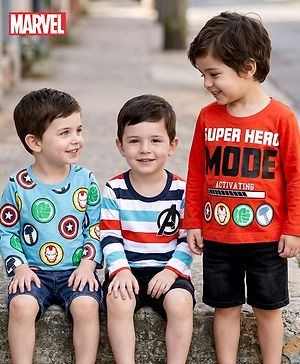 Babyhug Marvel Single Jersey Knit Full Sleeves T-Shirt with Avengers Graphic Pack of 3 - Light Blue White & Orange