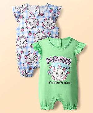 Babyhug Disney 100% Cotton Frill Sleeves Rompers With Aristocats Marie Graphics Pack Of 2 - Light Green & Blue