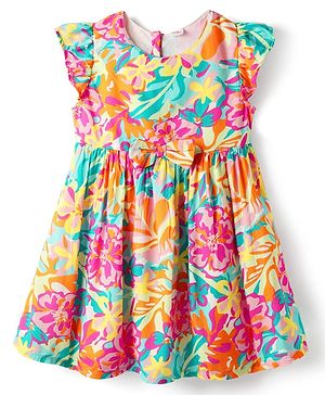 Babyhug 100% Cotton Half Sleeves Floral Printed Dress - Multi Colour