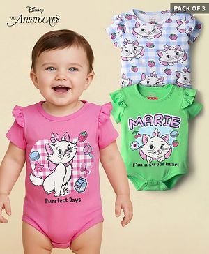 Babyhug Disney 100% Cotton Half Sleeves Onesies With Aristocats Marie Graphics Pack Of 3 - Light Green Pink & Blue