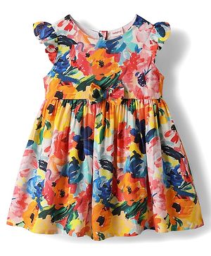Babyhug Cotton Knit Frill Sleeves Frock With Floral Print & Bow Applique - Yellow
