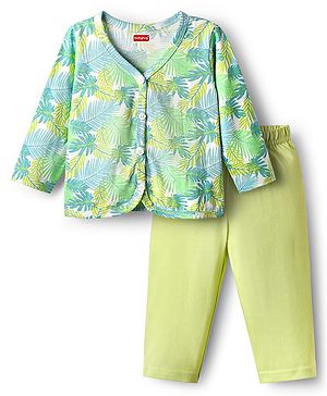 Babyhug Single Jersey Knit Full Sleeves Top & Leggings Set with Leaves Print - Light Green