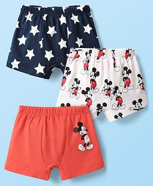 Babyhug 100% Cotton Mid Thigh Trunks With Mickey Mouse Graphics Pack Of 3 - Navy Blue White & Light Red