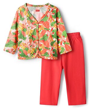 Babyhug Single Jersey Knit Full Sleeves Top & Leggings Set with Tropical Theme Print - Red