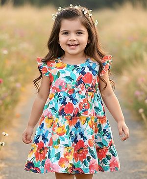 Babyhug Cotton Knit Frill Sleeves Frock with Floral Print & Bow Applique - Multicolor
