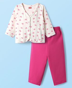 Babyhug Single Jersey Knit Full Sleeves Hearts Printed Front Open Top & Pant Set - White & Dark Pink