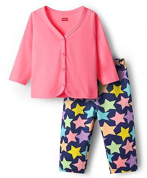 Babyhug Single Jersey Knit Full Sleeves Top & Leggings Set with Star Print - Navy Blue & Pink