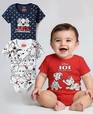 Babyhug Disney Interlock Knit Half Sleeves Onesies With Dalmatians Graphics Pack Of 3 - White Red & Navy Blue