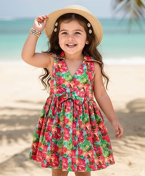 Babyhug 100% Cotton Sleeveless Halter Neck Floral Printed Dress With Bow Applique - Multi Colour