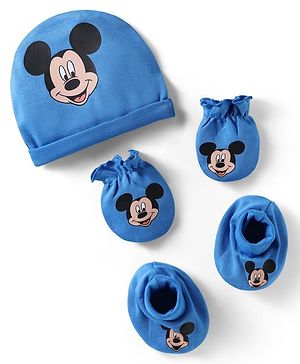 Babyhug Disney Interlock Knit Cap Mittens & Booties Set with Mickey Mouse Graphics Blue - Diameter 10.5 cm