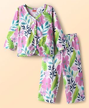 Babyhug Single Jersey Knit Full Sleeves Tropical Theme Printed Front Open Top & Pant Set - Multi Colour
