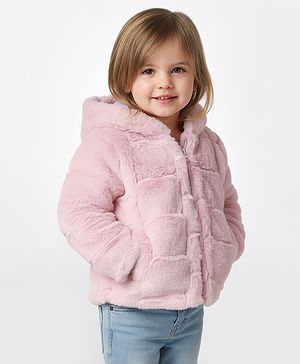 Bonfino Woven Full Sleeves Solid Coloured Fur Hooded Winter Jacket With Ear Applique - Pink