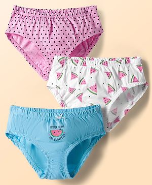 Kookie Kids India Cotton Knit Panties With Tropical Theme Print Pack Of 3 - White Light Blue & Pink