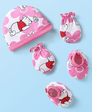 Babyhug Disney 100% Cotton Cap Mittens & Booties Set With Winnie The Pooh Print Pink & White - Diameter 12 cm