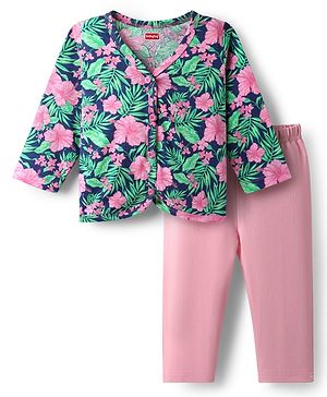 Babyhug Single Jersey Knit Full Sleeves Top & Leggings Set with Floral Print - Pink & Light Blue