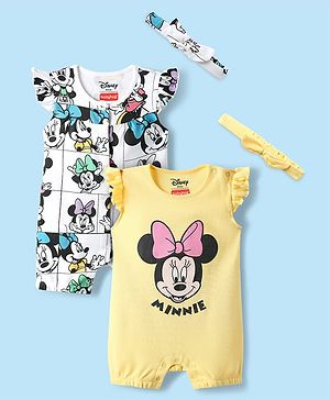 Babyhug Disney Interlock Knit Frill Sleeves Front Open Rompers with Headband & Minnie Mouse Graphics Pack of 2 - White & Yellow