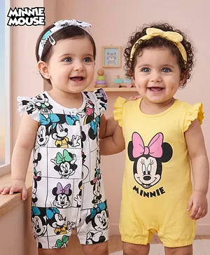 Babyhug Disney Interlock Knit Frill
                              Sleeves Front Open Rompers with Headband
                              & Minnie Mouse Graphics Pack of 2 -
                              White & Yellow