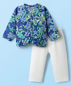 Babyhug Single Jersey Knit Full Sleeves Floral Printed Front Open Top & Pant Set - Blue & White
