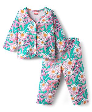 Babyhug Interlock Knit Full Sleeves Front Open Co-ords Top & Pajama Set With Floral Print - Multicolour