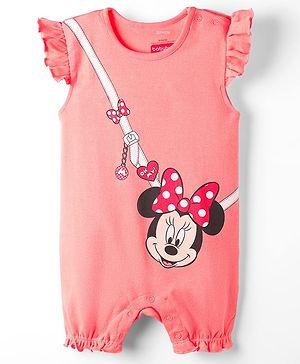 Babyhug Disney Interlock Knit Frill Sleeves Romper With Minnie Mouse Graphics - Pink