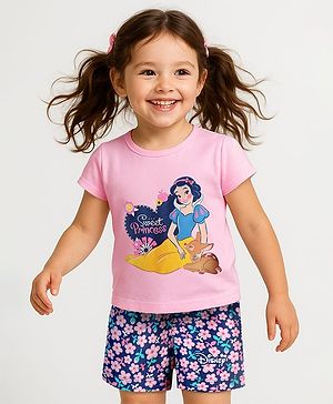 Babyhug Disney 100% Cotton Half Sleeves Shorts Night Suit With Snow White Graphic - Pink & Navy Blue