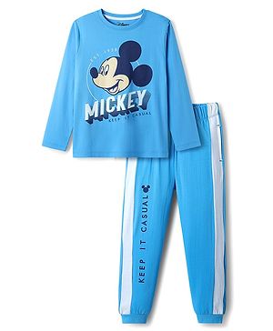 Pine Kids Disney 100% Cotton Full Sleeves Night Suit With Mickey Mouse Graphics - Blue
