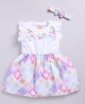 Snuggly MONKEY 100% Cotton Woven Sleeveless Checked & Floral Printed Dress With Headband - White & Pink
