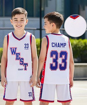 Pine Active Knit Sleeveless T-Shirt & Short Set with Text Print - White Red & Blue